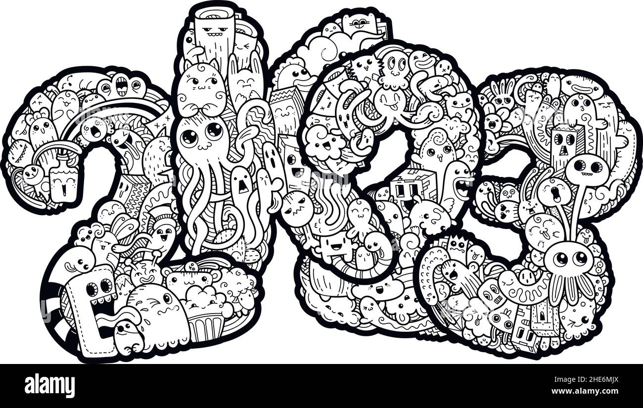 Nouvel an 2K23.Date du monstre.Symbole des fêtes très orné.Illustration vectorielle pour les impressions, les dessins et les pages de coloriage. Illustration de Vecteur