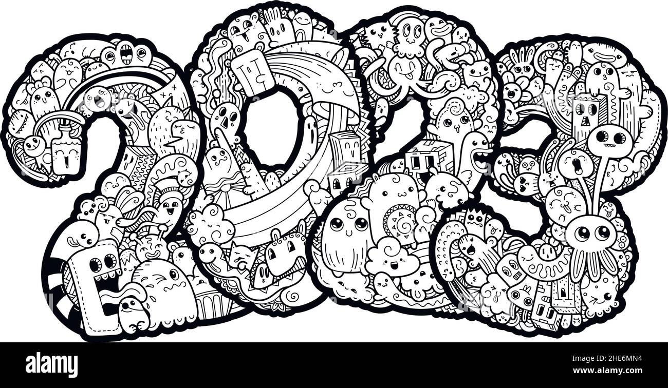 Nouvelle année 2023.Date du monstre.Symbole des fêtes très  orné.Illustration vectorielle pour les impressions, les dessins et les  pages de coloriage Image Vectorielle Stock - Alamy