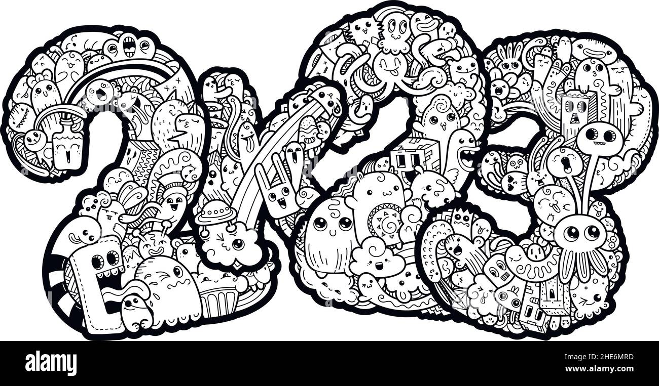 Nouvel an 2K23.Date du monstre.Symbole des fêtes très orné.Illustration vectorielle pour les tirages et les dessins sur un tableau noir Illustration de Vecteur