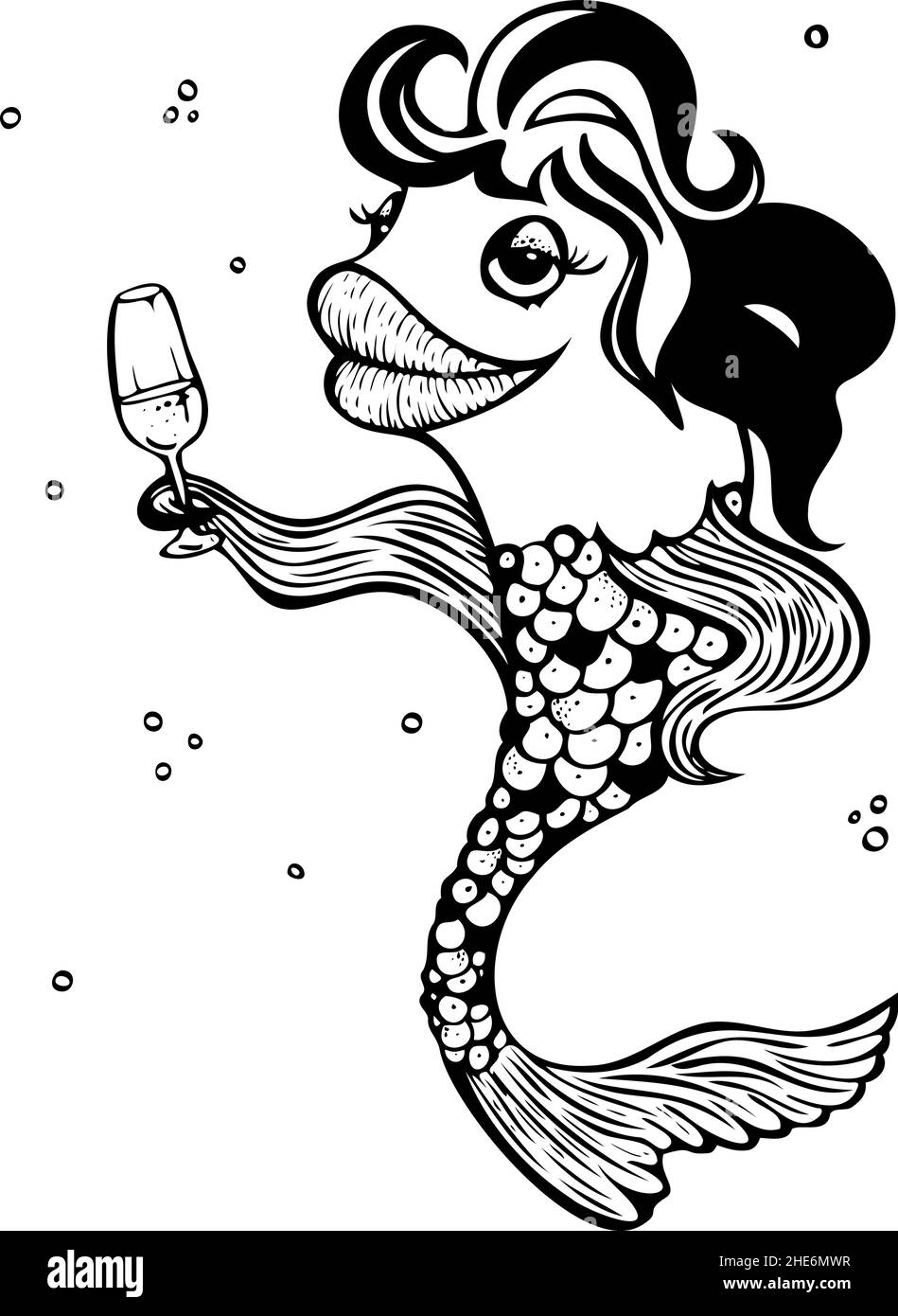 Illustration vectorielle de poisson de dessin animé avec lunettes de vin.Poisson glamour noir et blanc. Illustration de Vecteur
