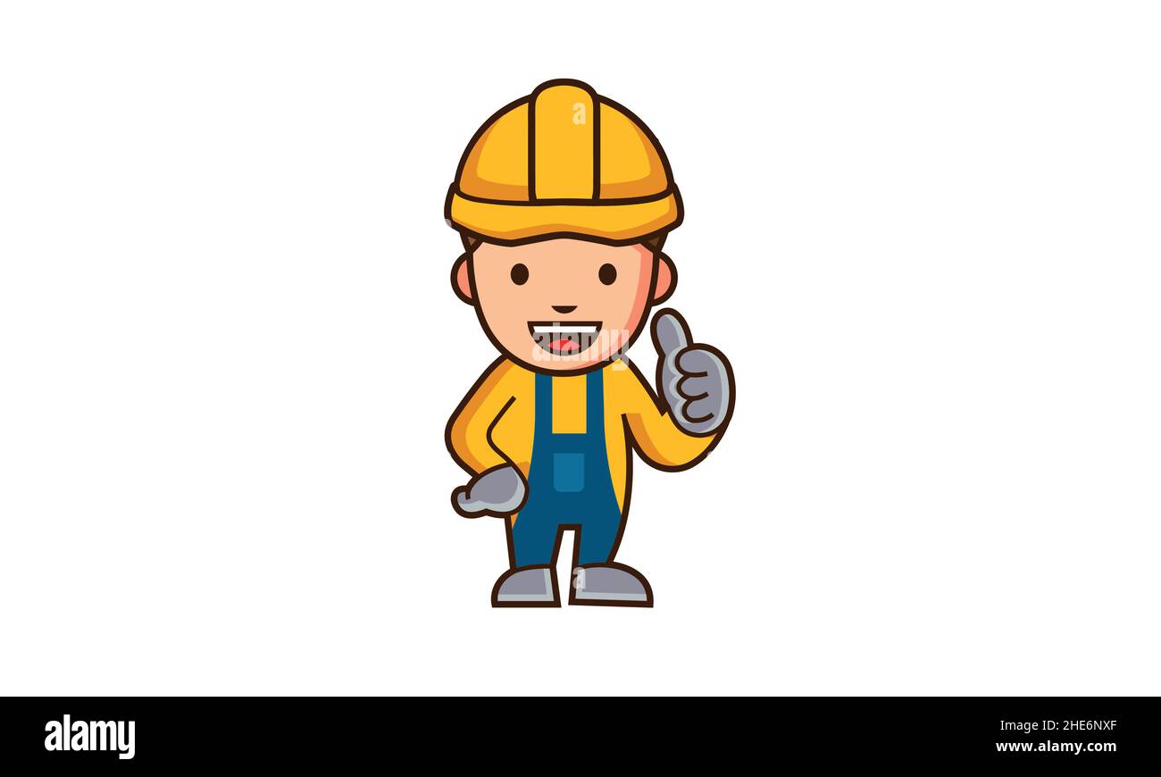 Illustration abstraite de dessin animé d'un homme de construction avec un chapeau de dur jaune, avec les pouces vers le haut Illustration de Vecteur