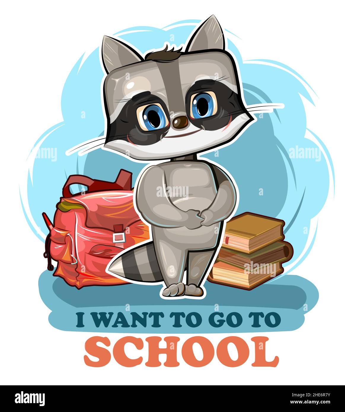 Little Raccoon veut aller à l'école.Sac à dos rétro et livres.Un mignon petit animal rêve d'apprendre.Image dans un style de dessin animé.Isolé sur blanc Illustration de Vecteur