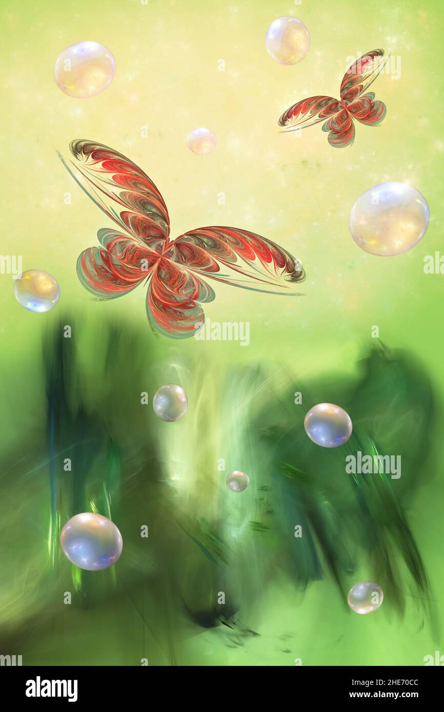 Fractale, belle nature numérique abstraite avec des papillons et des bulles.Design artistique Banque D'Images