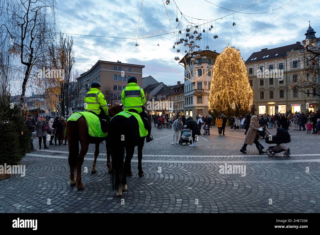 Policiers sur les chevaux sur la place Preseren, décorés pour Noël et le nouvel an Banque D'Images