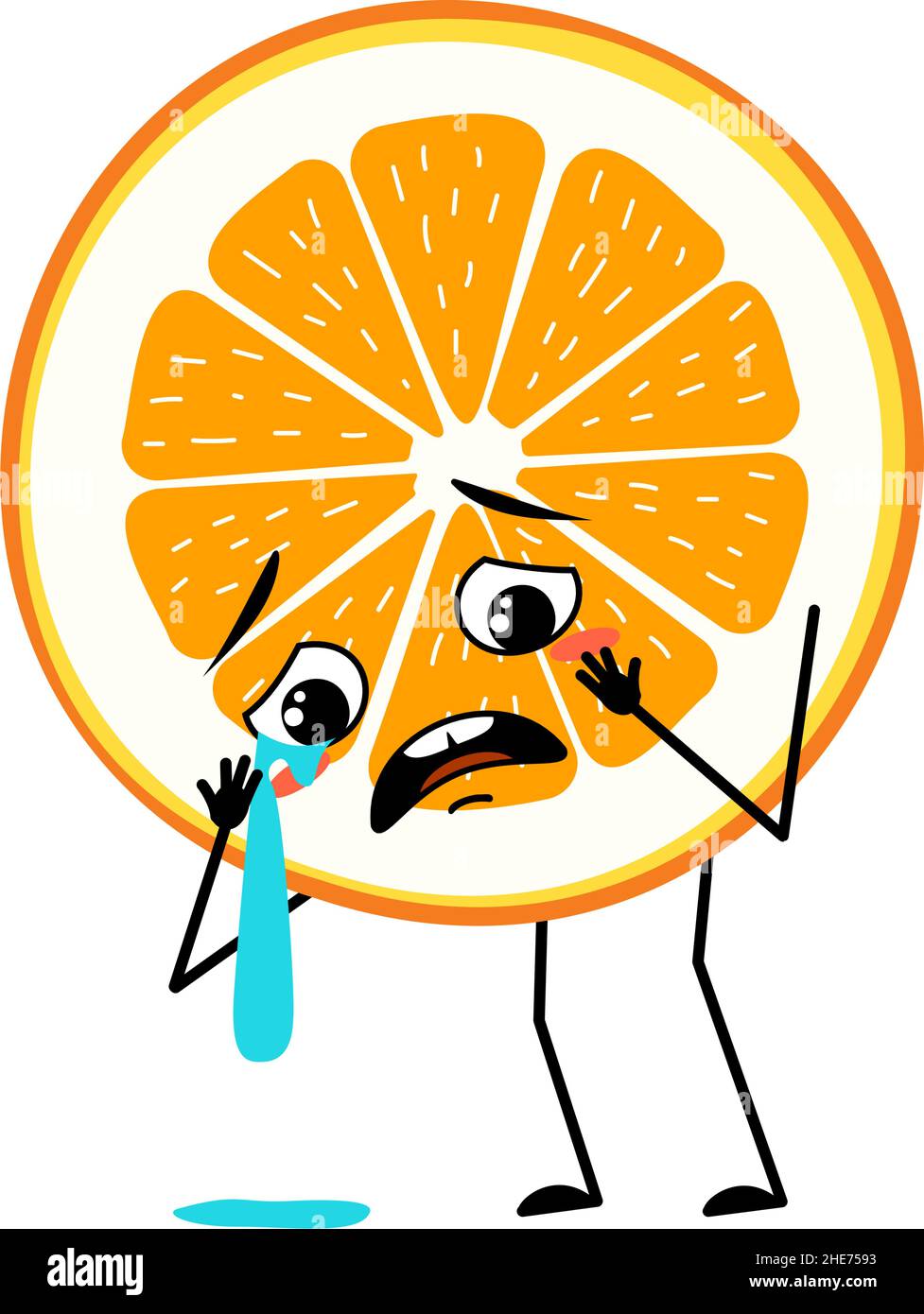 Caractère orange avec des pleurs et des larmes, une émotion, un visage triste, des yeux dépressifs, des bras et des jambes.Personne de tranche d'agrumes avec expression mélancolique, émoticône de fruit. Illustration de Vecteur