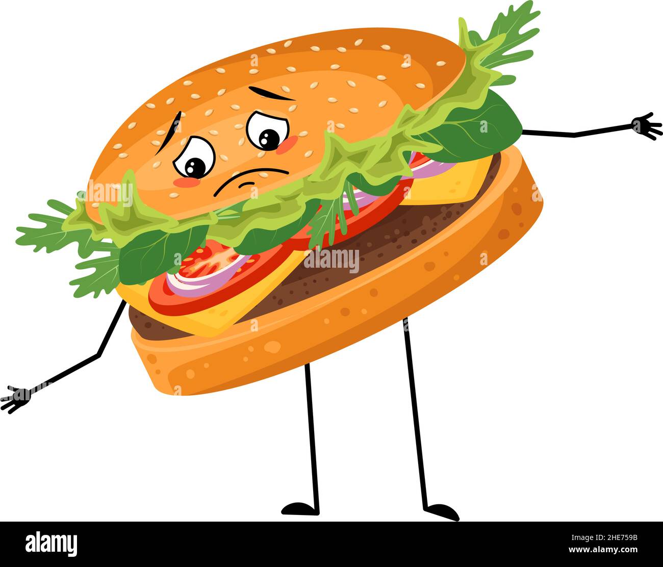 Hamburger de caractère mignon avec pleurs et larmes émotion, visage triste, yeux dépressifs, bras et jambes.Personne de restauration rapide, sandwich avec expression mélancolique.Illustration vectorielle à plat des produits Illustration de Vecteur