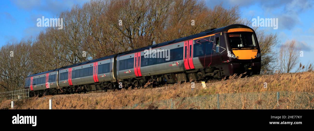 170106 C2C train près de la ville de Whittlesey, Fenland, Cambridgeshire, Angleterre Banque D'Images