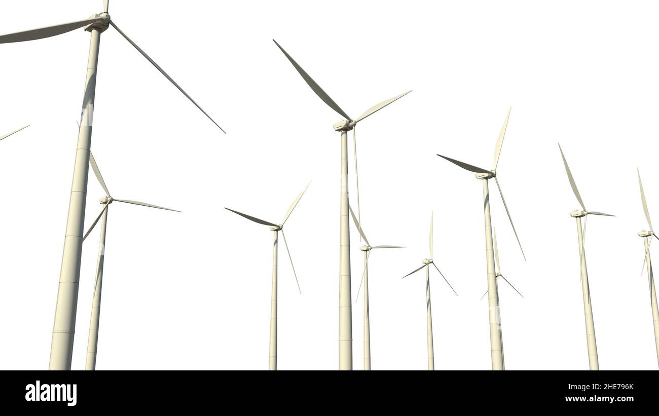 Générateurs de turbines à vent écologiques modernes sur fond blanc, isolés, fictifs - rendu industriel 3D Banque D'Images