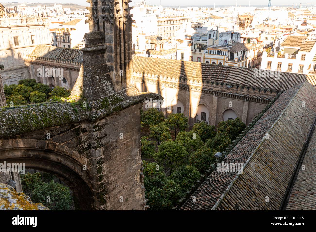 Séville, Espagne.Vue aérienne du patio de los Naranjos (cour des orangers) depuis le toit de la cathédrale Banque D'Images