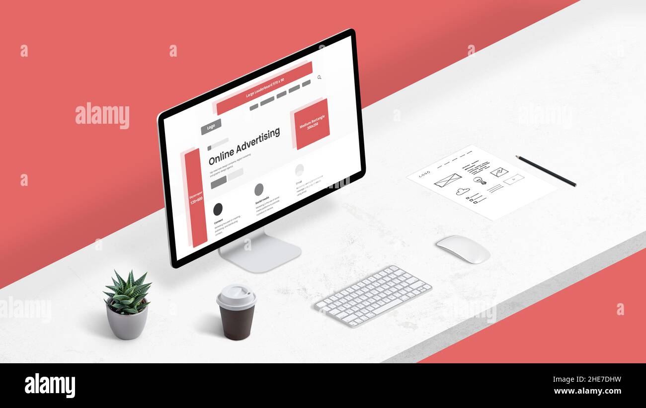 Concept de publicité en ligne avec des tailles de bannière par défaut et des positions sur la mise en page de la page Web de l'entreprise.Affichage de l'ordinateur sur le bureau, position isométrique. Banque D'Images