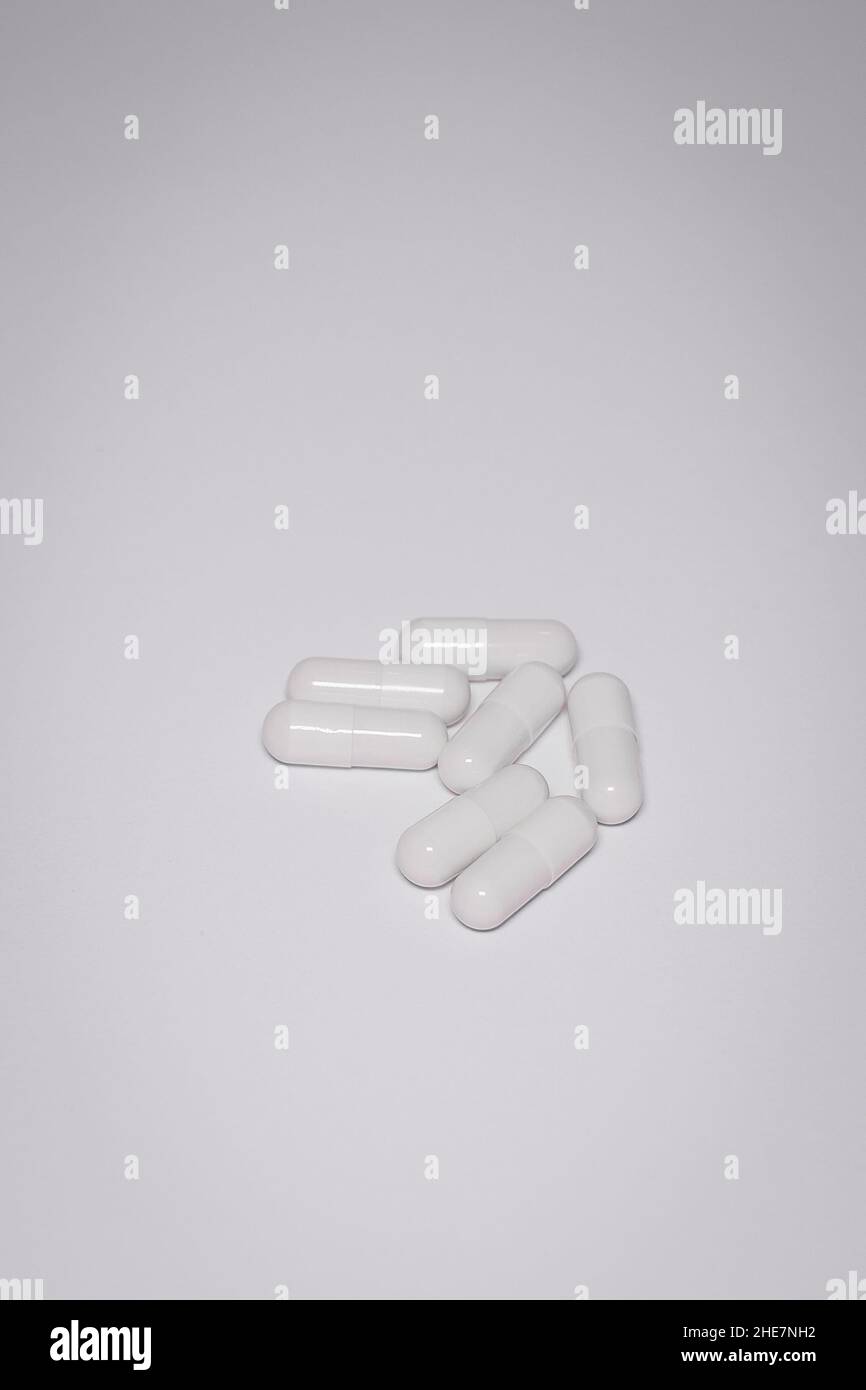 Gros plan des pilules de médicaments.Concept de traitement médical et de pharmacie. Banque D'Images