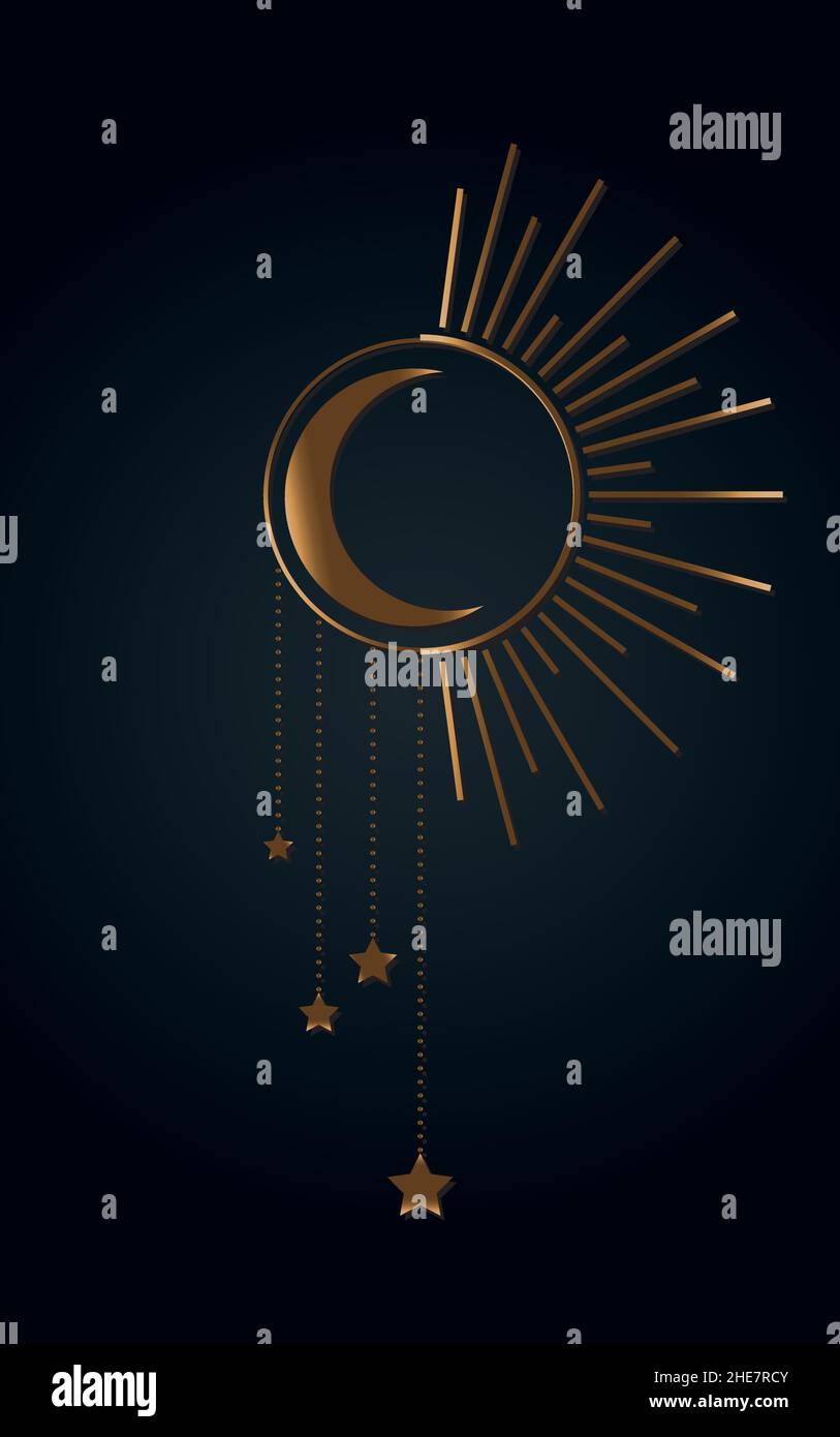 Icône Soleil, Lune et étoiles, symbole Boho Witch et Magic. Panneau d'art mystique, emblème de luxe or.Illustration vectorielle isolée sur fond noir, Flat sty Illustration de Vecteur