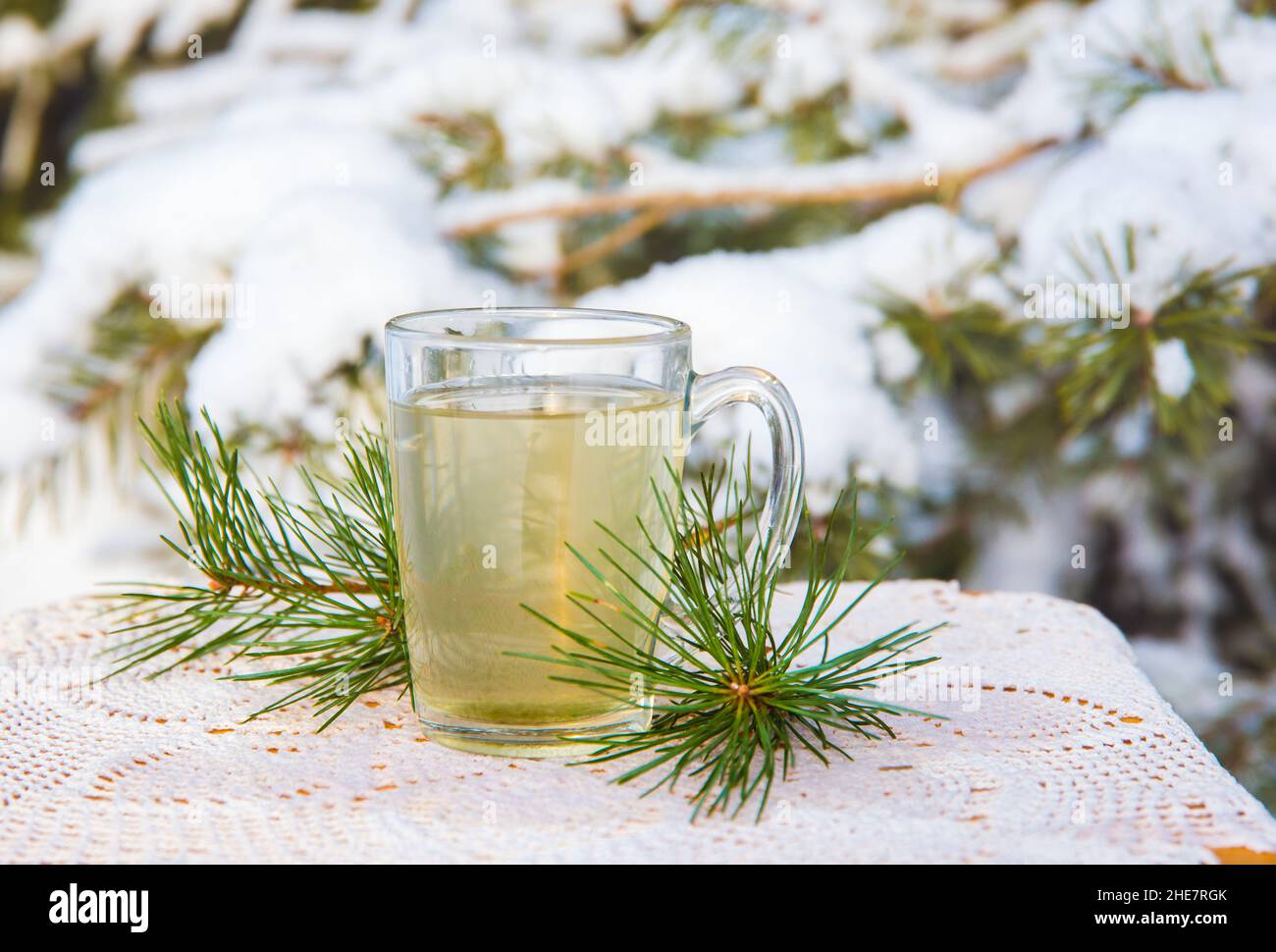 Infusion de thé à aiguille de pin chaud dans une tasse de thé en verre transparent sur la table.Pins enneigés en arrière-plan, en plein air par temps froid d'hiver. Banque D'Images