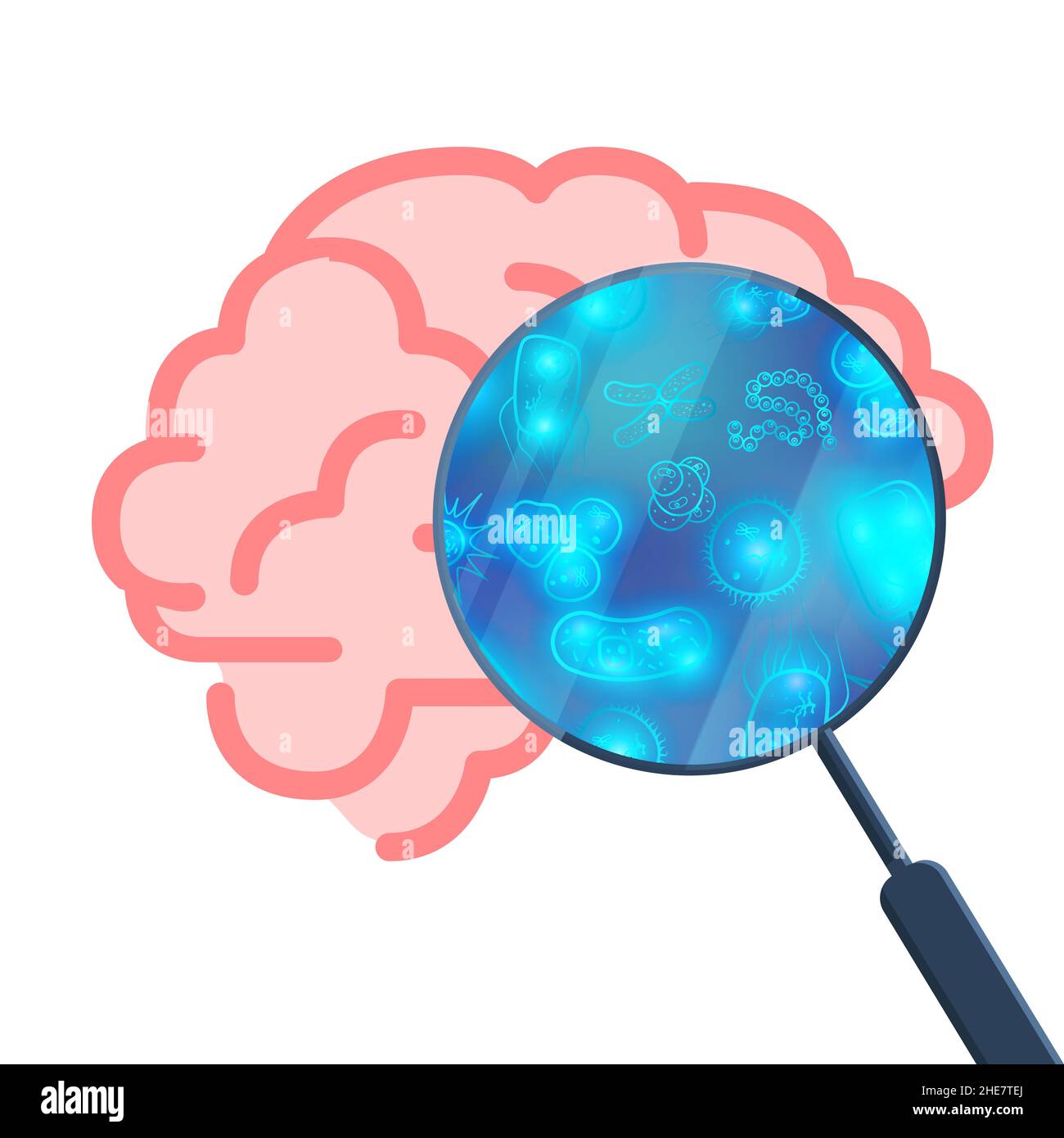 Beaucoup de bactéries et de virus dans le cerveau humain sous loupe blanche Illustration de Vecteur