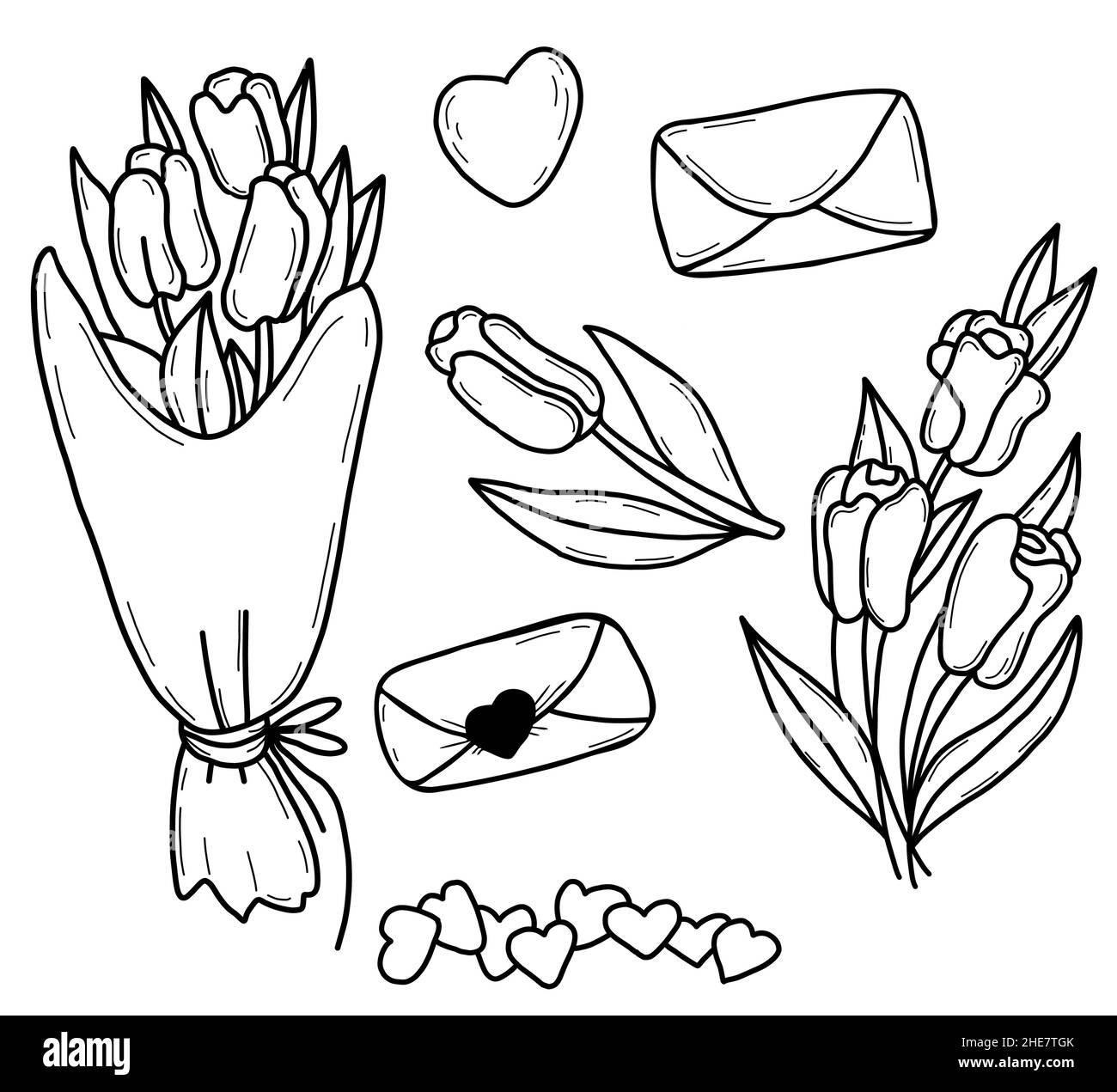 Ensemble de fleurs de printemps.Beau bouquet de tulipes, coeur et une lettre avec une enveloppe.Illustration vectorielle.Contour, dessin à la main linéaire pour la conception Illustration de Vecteur