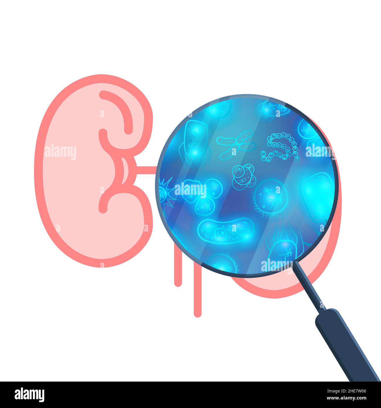 Beaucoup de bactéries et de virus dans le coeur humain sous loupe blanche Illustration de Vecteur