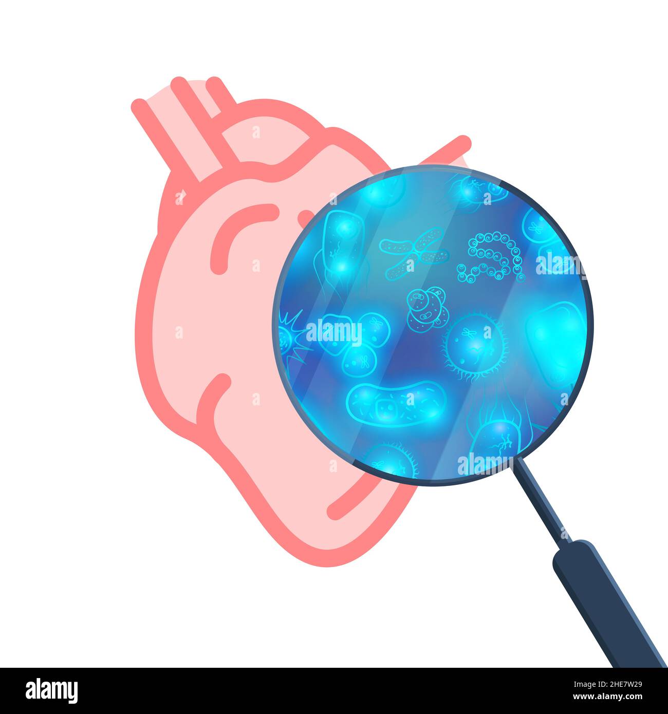 Beaucoup de bactéries et de virus dans le coeur humain sous loupe blanche Illustration de Vecteur