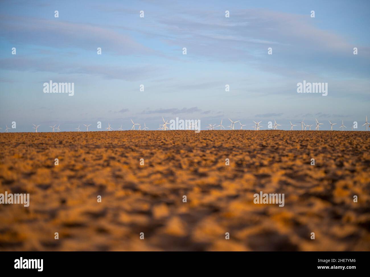 Des moulins à vent produisant de l'électricité dans la mer du Nord au-delà de la plage de sable à Skegness dans Lincolnshire, Royaume-Uni Banque D'Images