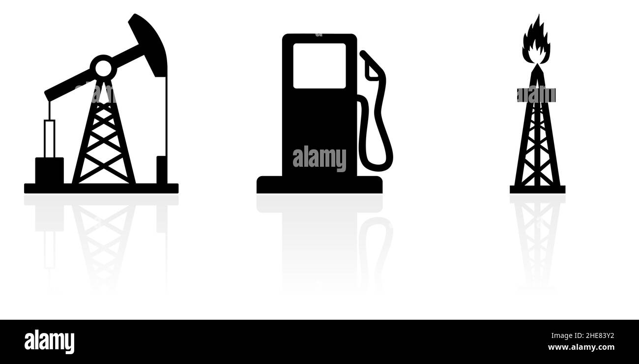 Internet et Web énergie concept vecteur de l'industrie jeu d'icônes, pompe à huile, station de gaz, symboles d'engin de forage isolés sur fond blanc avec réflexion Illustration de Vecteur