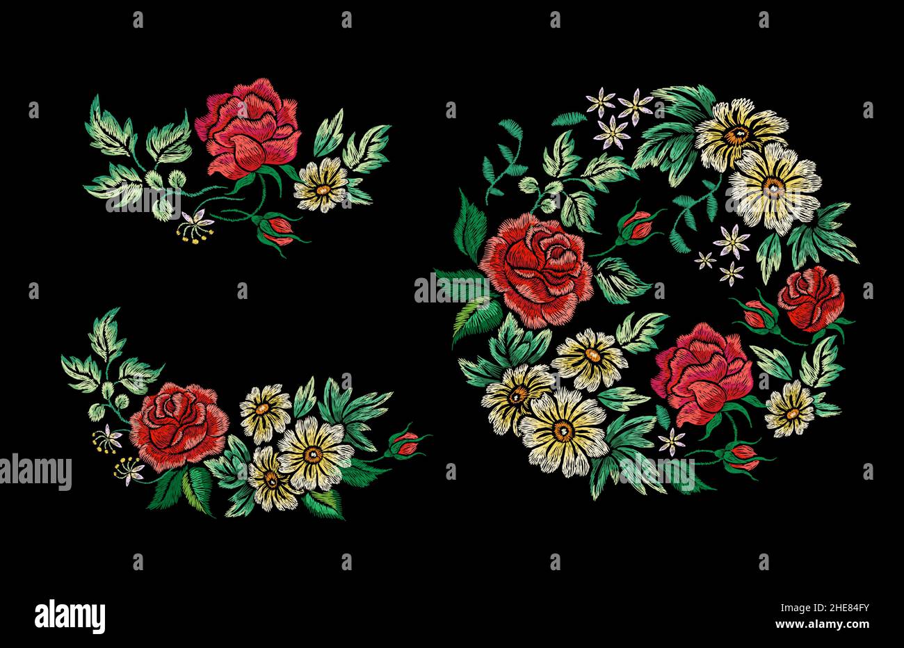 Broderie fleurie décorative.Œuvres d'art folkloriques, bouquet brodé de kimono.Fleurs tribales d'époque, roses et Marguerite avec feuilles, ensemble vectoriel de nowaday Illustration de Vecteur