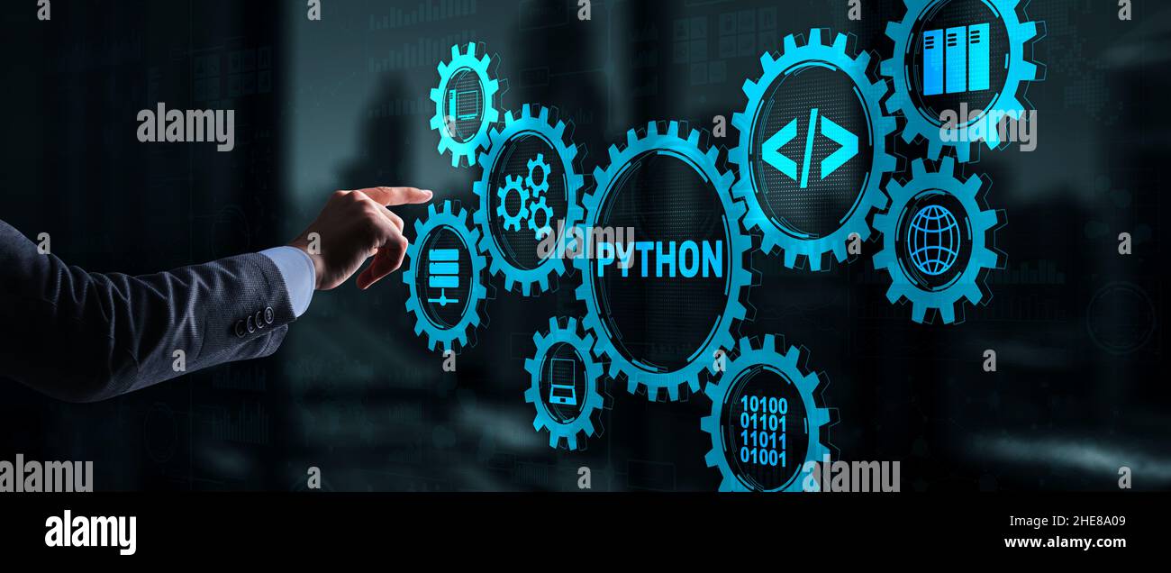 Langage de programmation Python. Concept d'algorithme abstrait de workflow de programmation sur écran virtuel. Banque D'Images