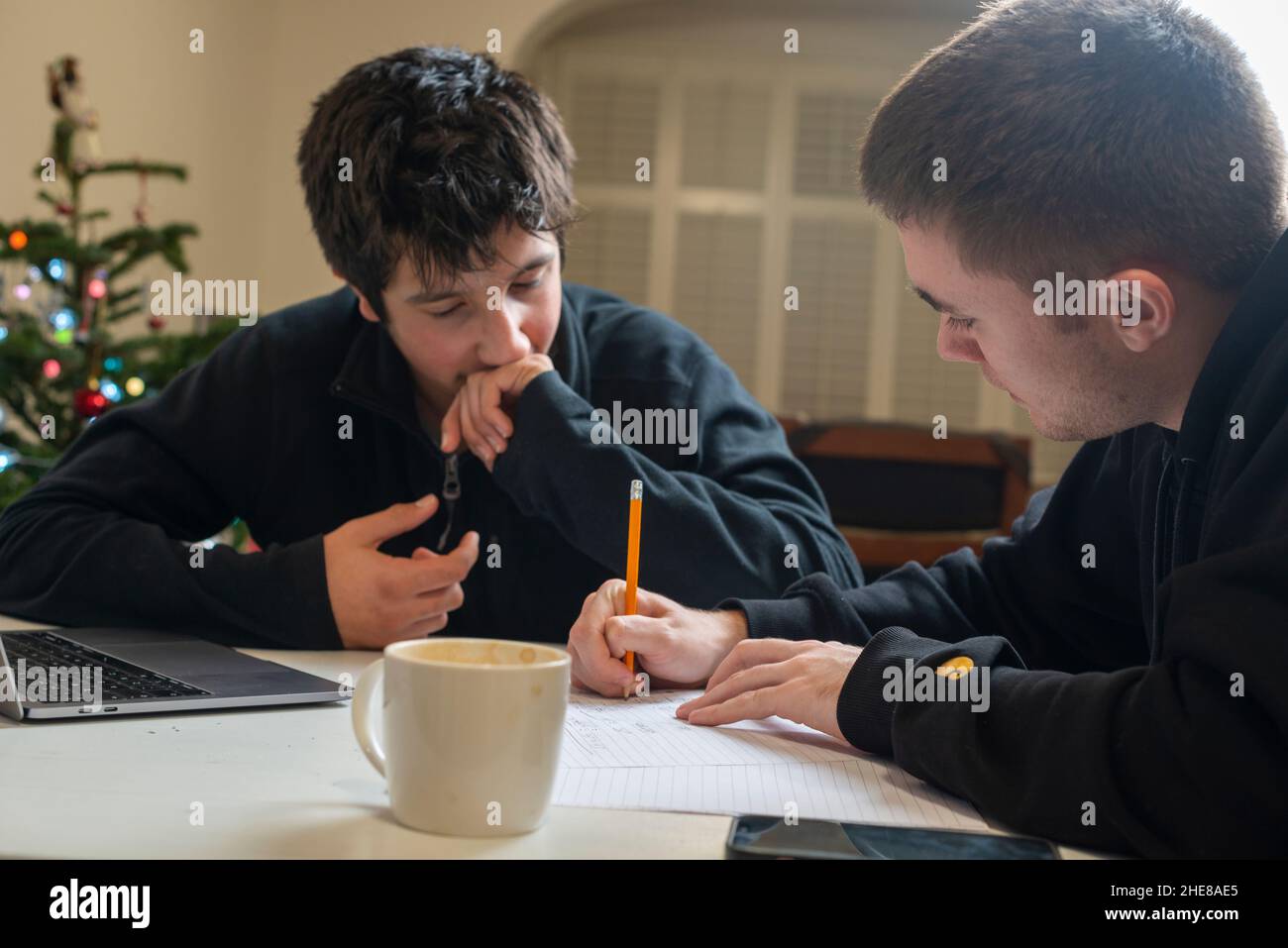 Les garçons étudient ensemble. Les étudiants plus âgés aident à faire leurs devoirs Banque D'Images