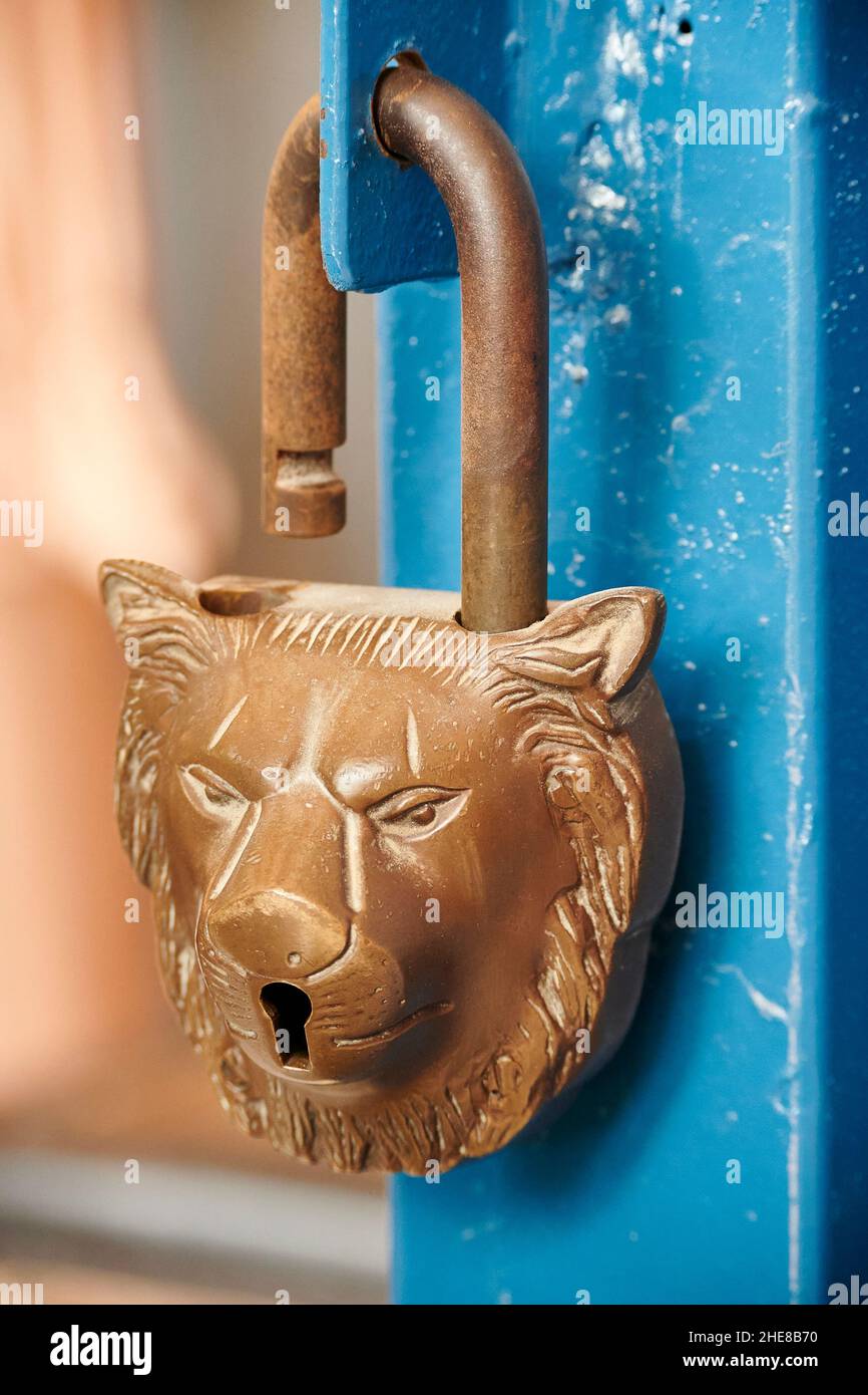 Serrure à lion en or antique sur une porte bleue Banque D'Images