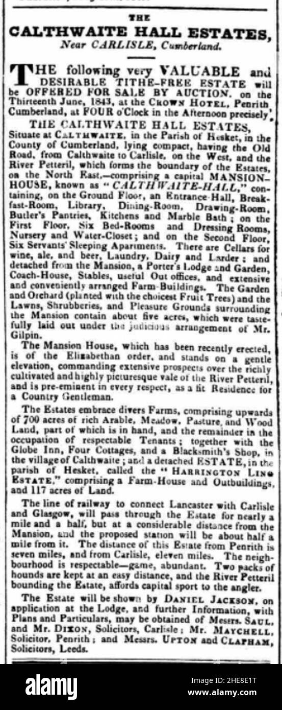 Avis de vente Malthwaite Hall 1843. Banque D'Images