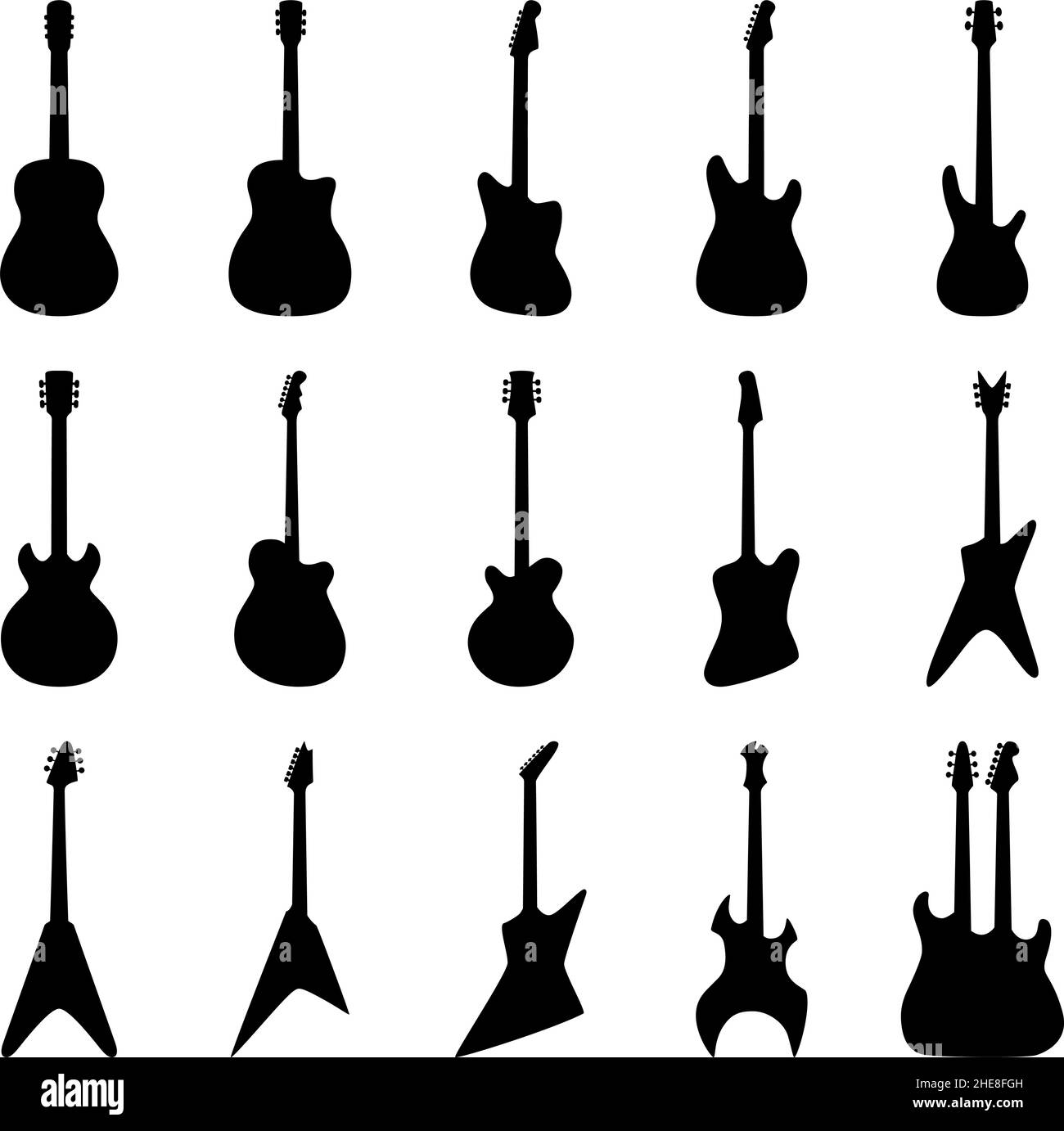 Ensemble de silhouettes de guitares acoustiques, guitares électriques, guitares basses, illustrations vectorielles Illustration de Vecteur