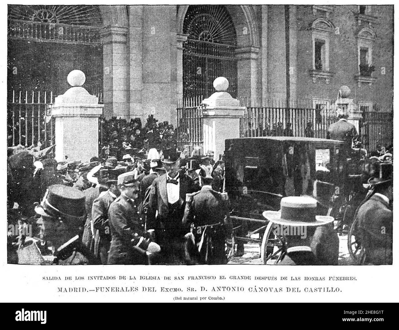 Salida de los invitados de la iglesia de San Francisco el Grande después de las honras fúnebres, funerales de Antonio Cánovas del Castillo, de Comba. Banque D'Images