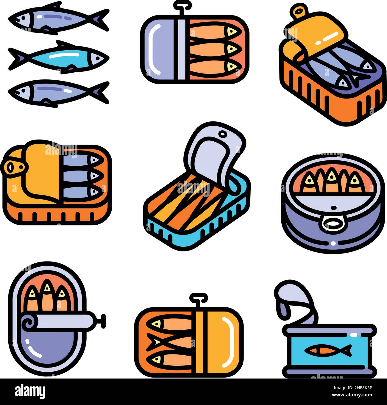 Les sardines en étain peuvent isoler des icônes plates ensemble.Icônes de la cuisine portugaise dans un style simple.Vector portugais national alimentaire, emballage de produits de la mer.A en conserve Illustration de Vecteur