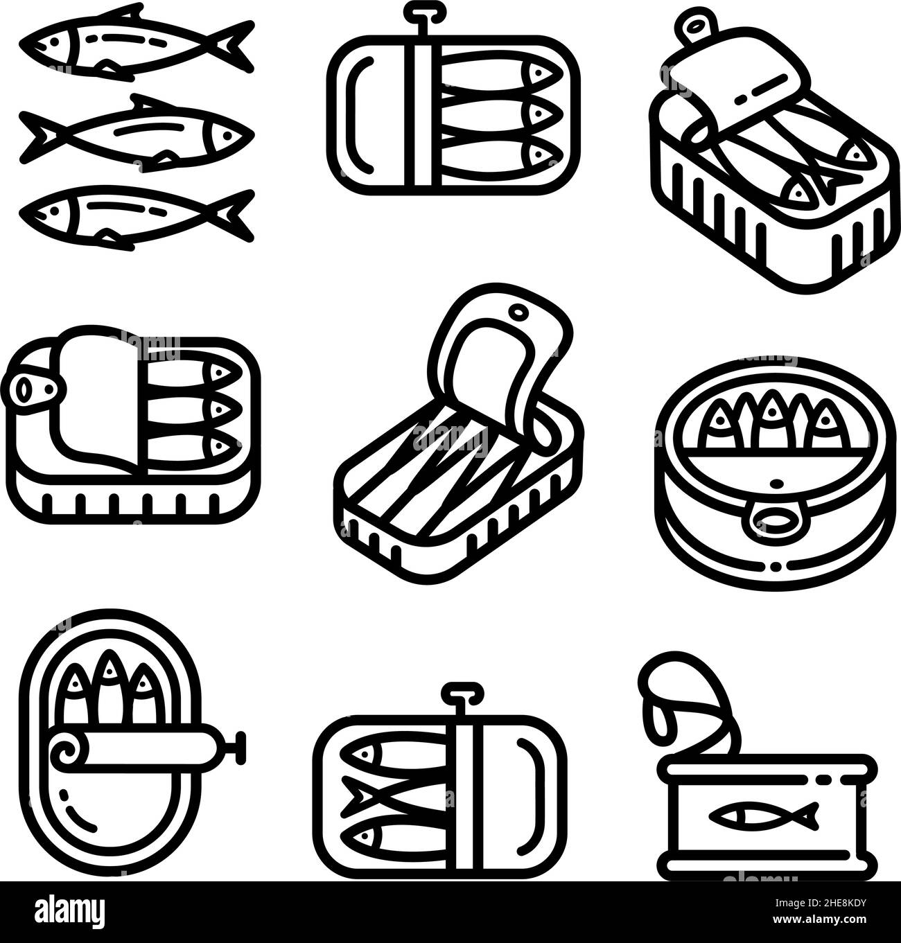 Les sardines en étain peuvent isoler le contour des icônes ensemble.Portugal icônes alimentaires.Vector portugais national alimentaire, emballage de produits de la mer.Anchois en conserve dans l'huile Illustration de Vecteur