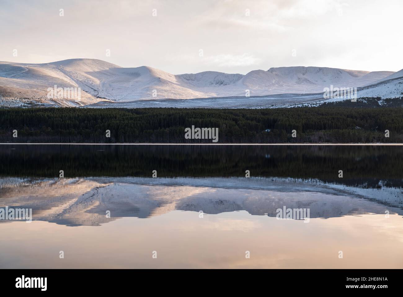 AVIEMORE, HIGHLANDS, ROYAUME-UNI.9th janvier 2022.C'est les Cairngorms avec la neige qui se reflète sur le Loch Morlich avec la formation de glace à Aviemore, Highlands, Écosse, le dimanche 9 janvier 2022.Credit: JASPERIMAGE / Alamy Live News Banque D'Images