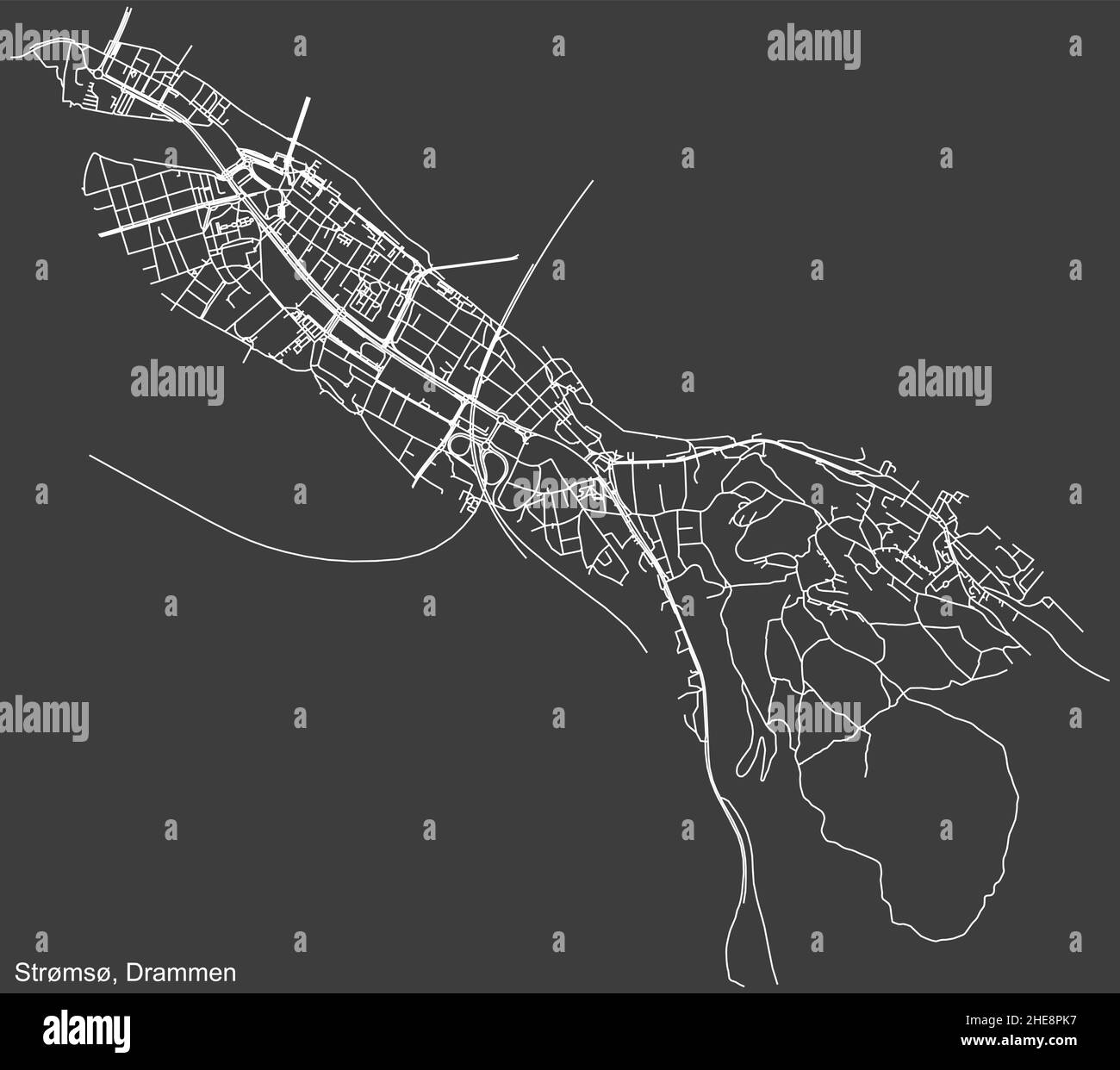 Navigation négative détaillée lignes blanches rues urbaines carte du quartier STRØMSØ COMMUNE de la capitale régionale norvégienne de Drammen Illustration de Vecteur