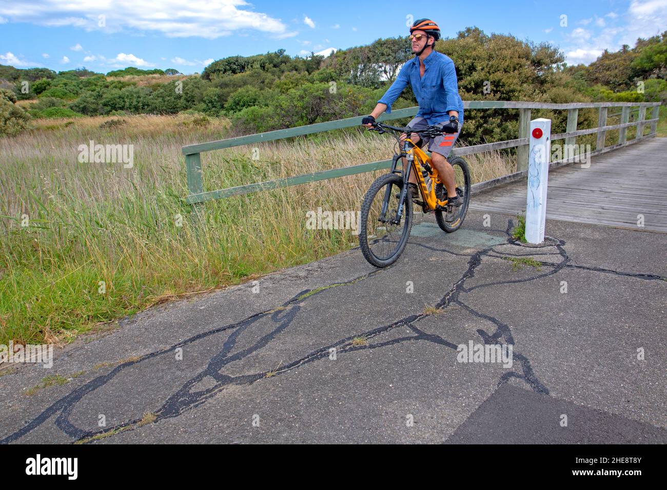 Cycliste sur le chemin de la rencontre le long de la côte sud de la péninsule de Fleurieu Banque D'Images