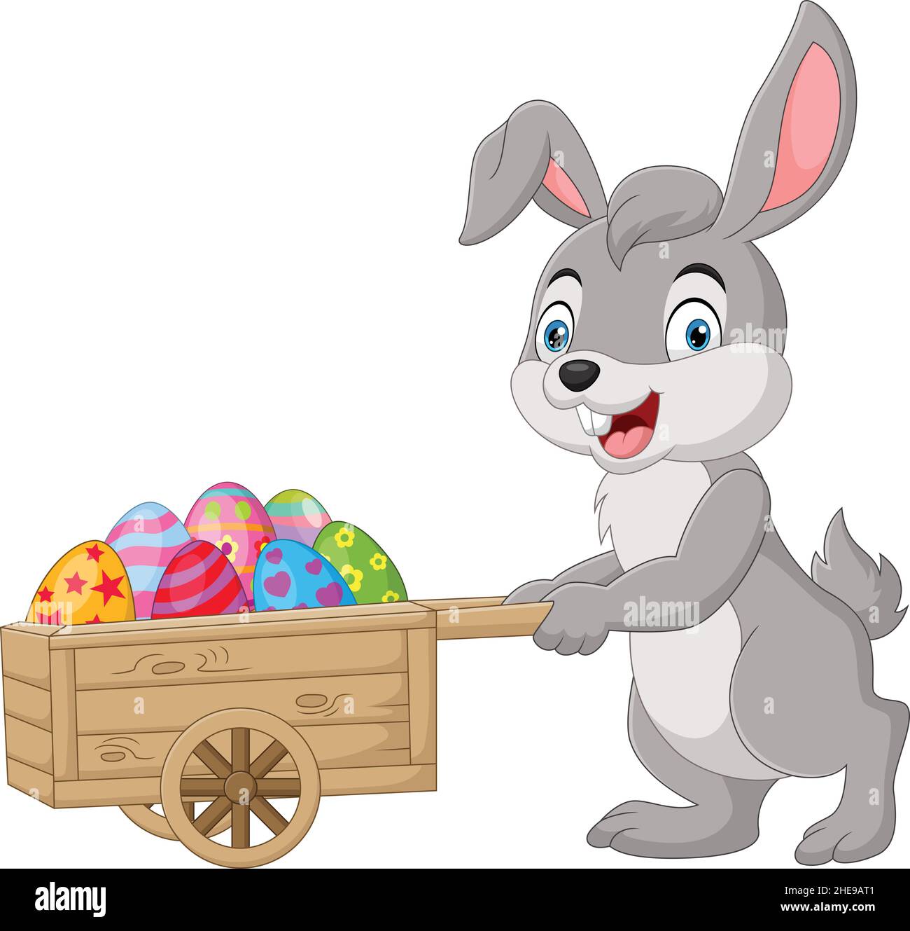 Lapin Cartoon poussant charrette d'oeufs de Pâques Illustration de Vecteur