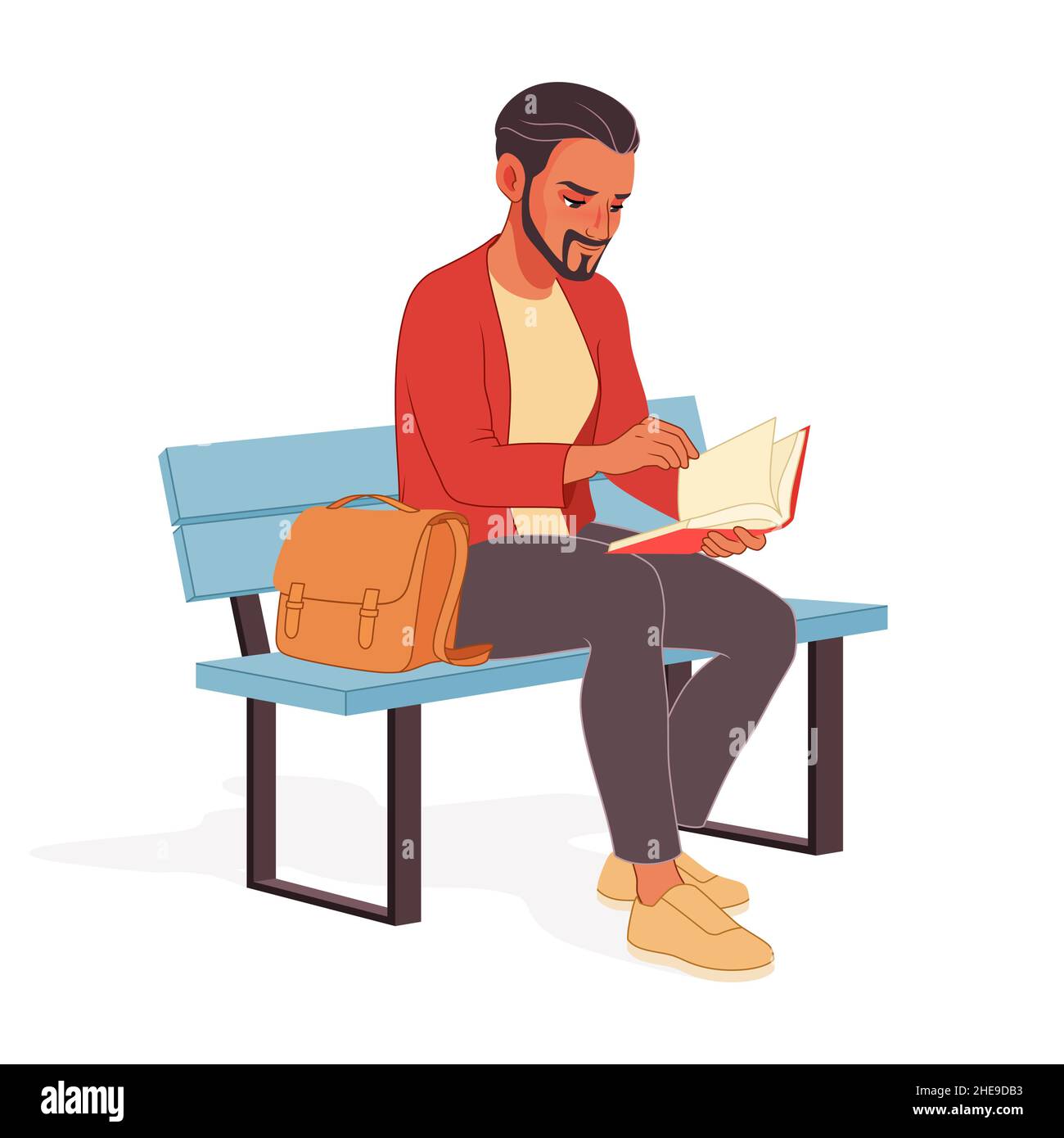 Jeune homme lisant un livre intéressant en étant assis sur le banc.Illustration vectorielle. Illustration de Vecteur