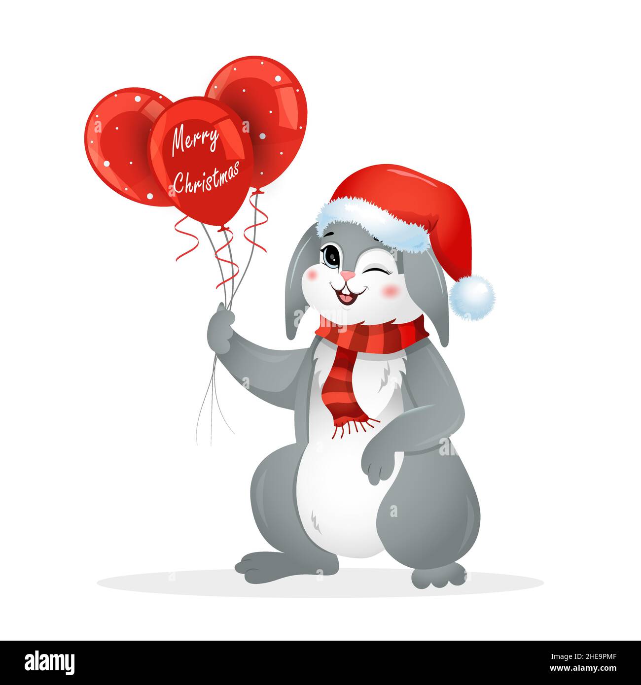Lapin de Noël en chapeau de père noël avec ballons.Année du lapin.Symbole nouvel an chinois 2023 