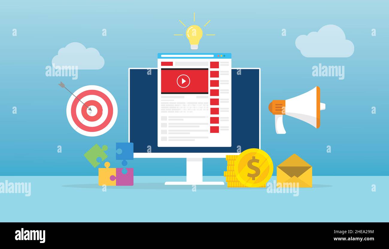 concept de marketing vidéo avec objectifs et objectif et budget et idée avec vecteur moderne de style plat Banque D'Images