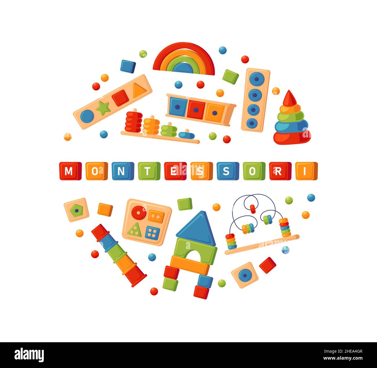 Jouets logiques d'éducation Montessori.Jouets en bois pour enfants d'âge préscolaire.Système Montessori pour le développement de la petite enfance.Bannière multicolore Illustration de Vecteur