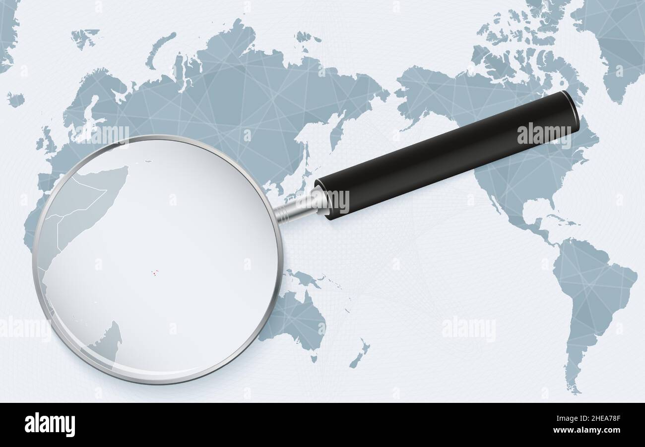 Carte du monde centrée sur l'Asie avec verre agrandi sur les Seychelles