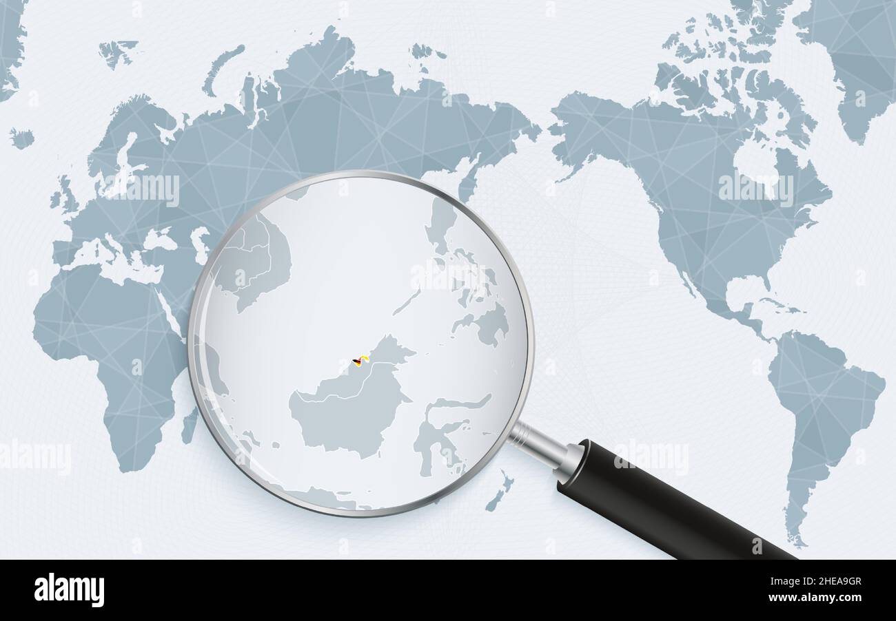 Carte du monde centrée sur l'Asie avec verre agrandi sur le Brunei