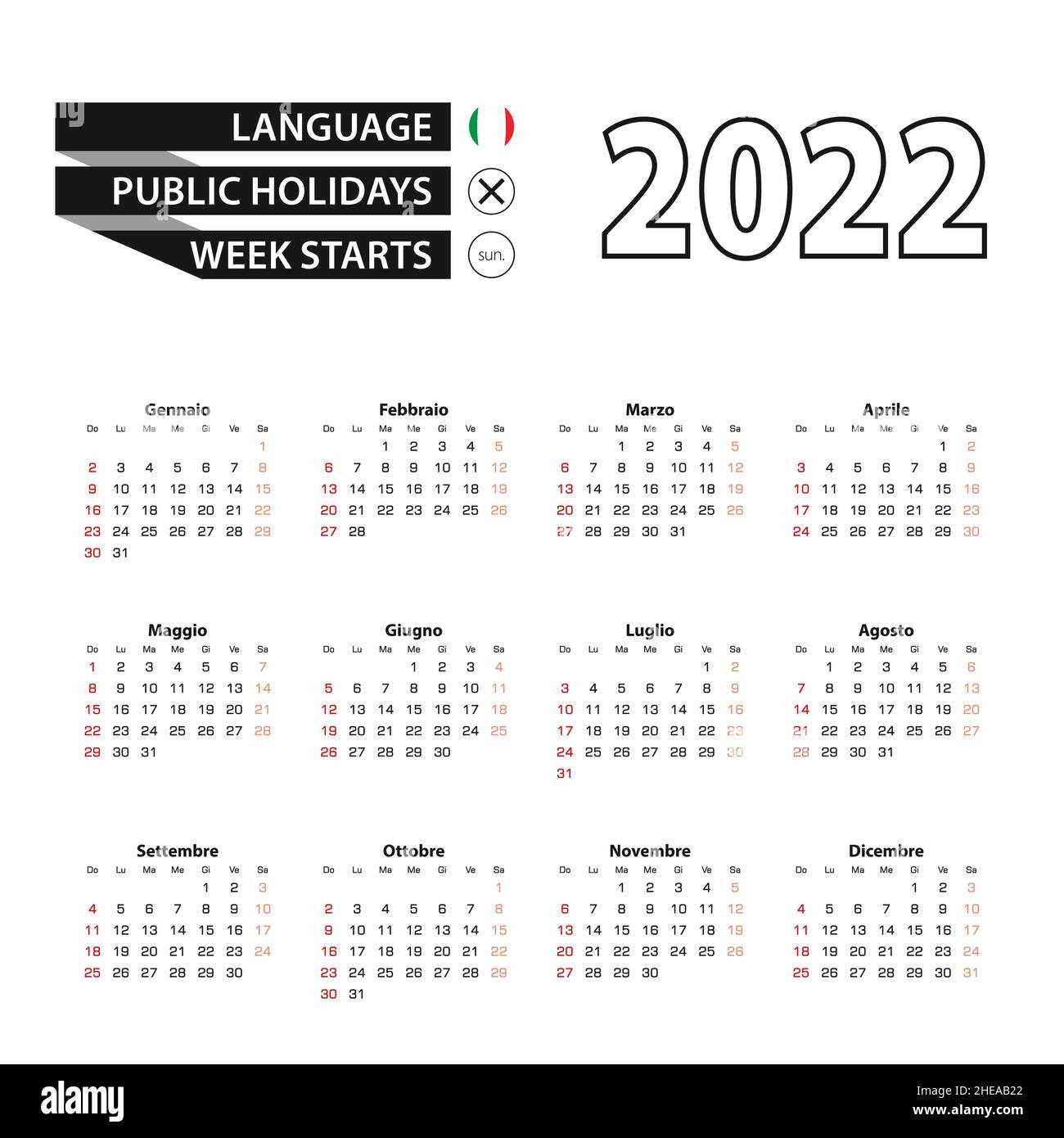 Calendrier 2022 en italien, la semaine commence à partir du dimanche.Illustration vectorielle. Illustration de Vecteur