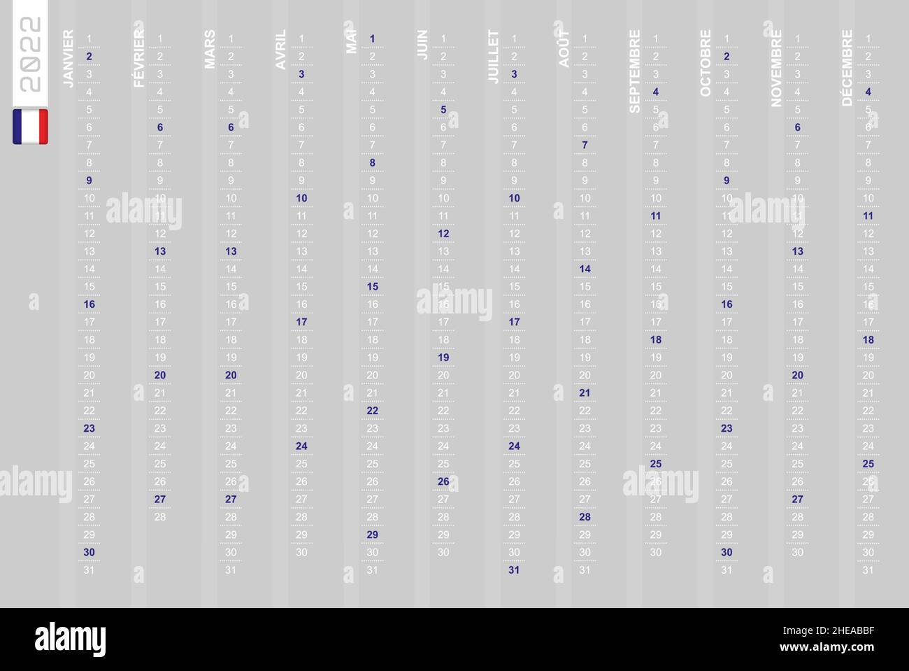 Calendrier vertical d'une rangée pour l'année 2022 en français.Calendrier français pour 2022 avec les dimanches en surbrillance.Illustration vectorielle. Illustration de Vecteur