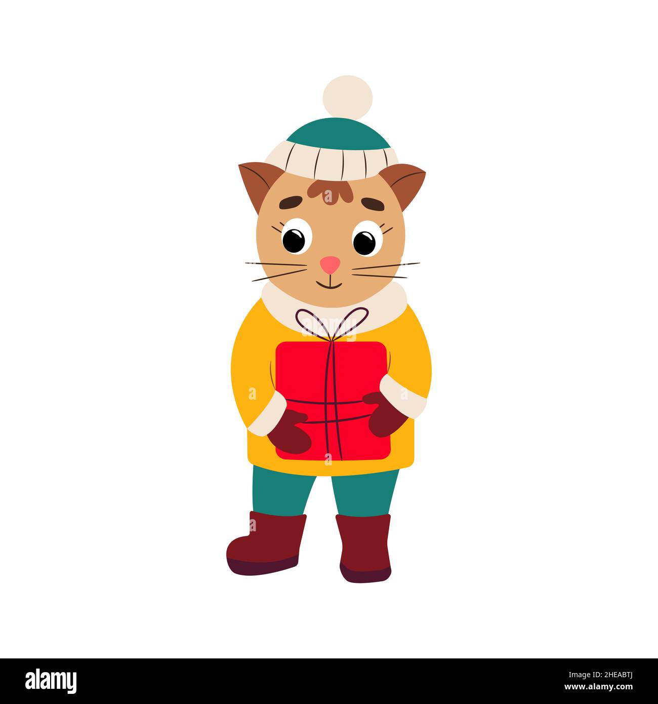 Chat mignon en vêtements d'hiver avec un cadeau dans ses mains.Illustration vectorielle de style plat.Isoler Illustration de Vecteur
