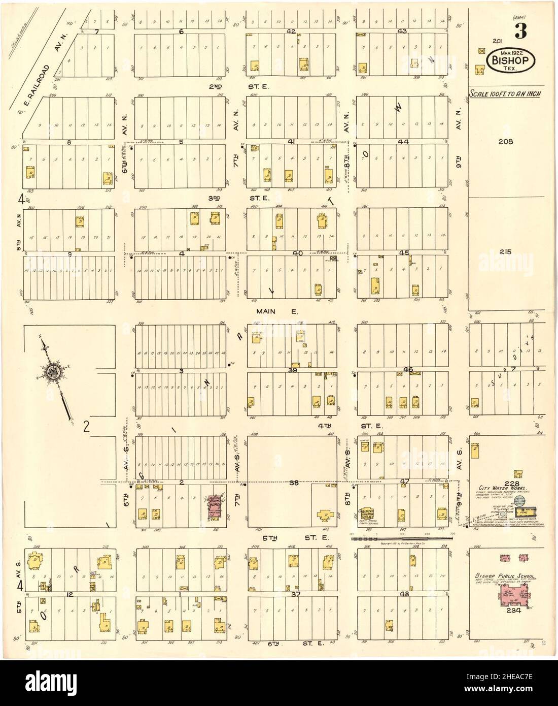 Sanborn carte d'assurance-incendie de Bishop, comté de Nueces, Texas. Banque D'Images