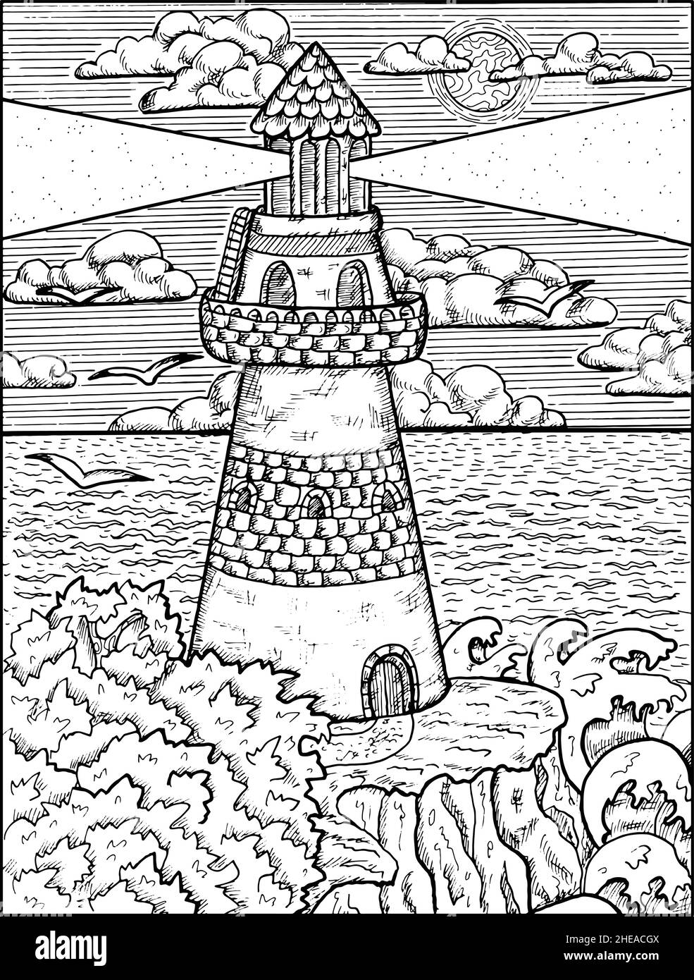 Illustration en noir et blanc de la tour du phare sur la falaise avec des arbres et des vagues.Dessins vintage de vecteur nautique, concept marin, coloriage b Illustration de Vecteur