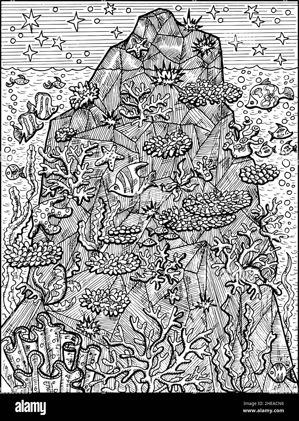 Illustration en noir et blanc d'une belle montagne sous-marine, d'un récif ou d'une étagère avec des coraux, des herbiers et des coquillages.Dessins vintage de vecteur nautique, m Illustration de Vecteur