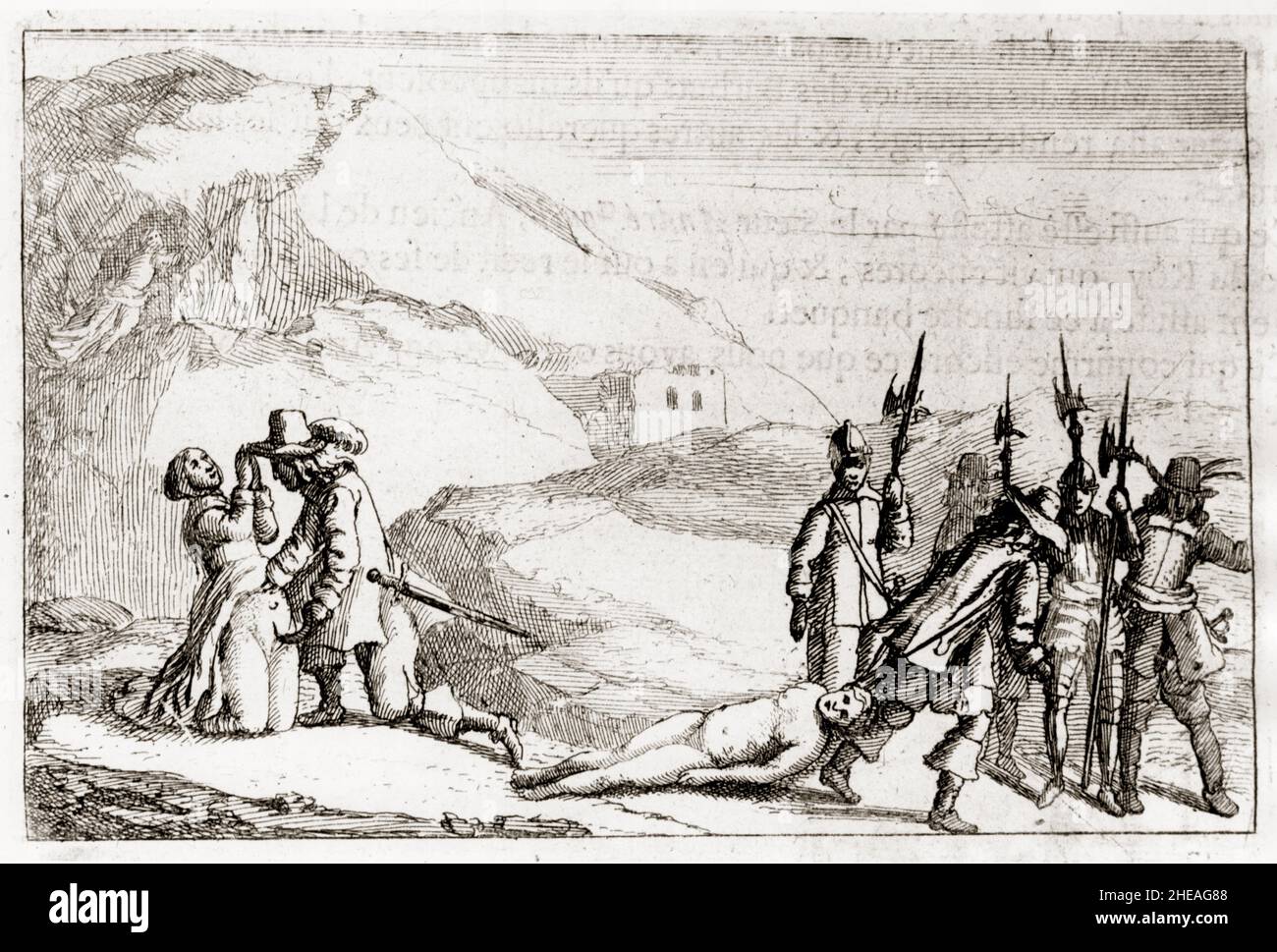 Persécution des Waldenses - Heresie - les Vaudois martyrs par les Catholiques - gravure dans 'l'Histoire naturelle des Églises Evangéliques des valle Banque D'Images