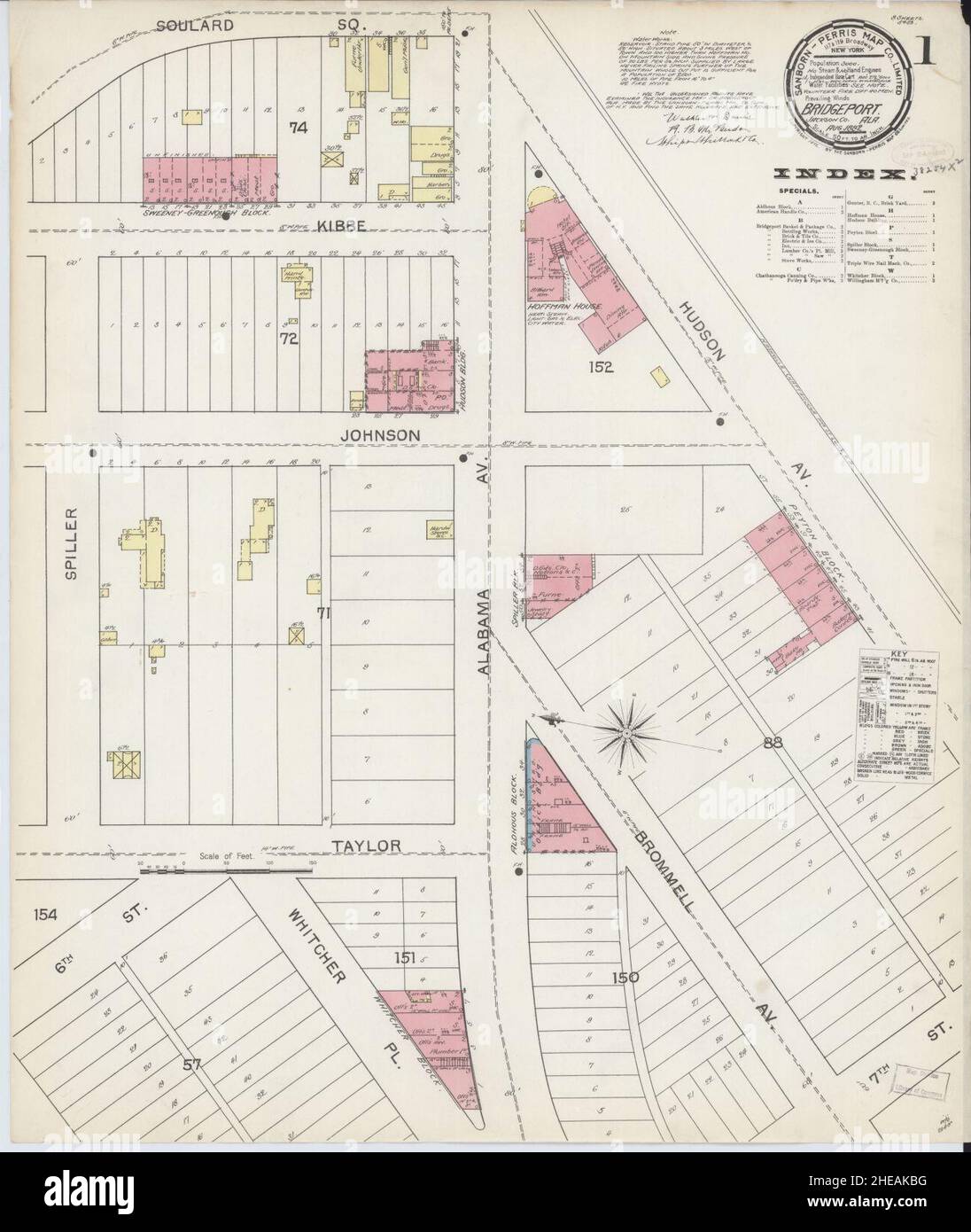 Sanborn carte d'assurance-incendie de Bridgeport, comté de Jackson, Alabama. Banque D'Images